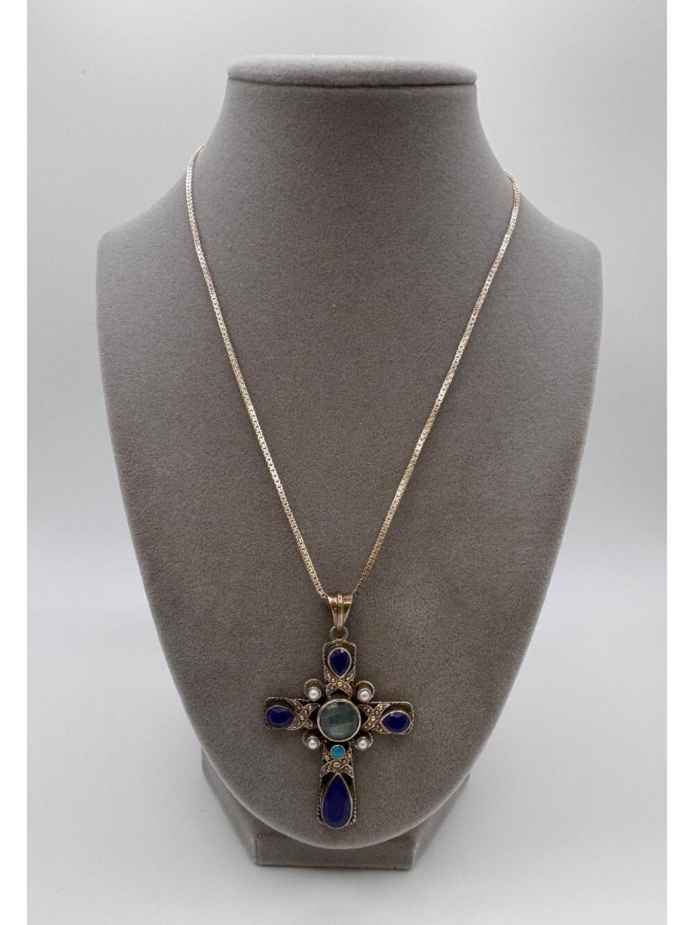 Vintage Nicky Butler 925 Cross Pendant Necklace Lapis Labradorite Pearl 17.5”